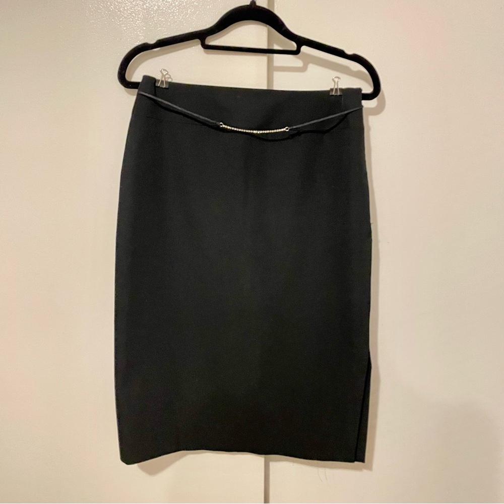 Vintage 80s or 90s Knee length black Pencil Skirt with slim bling belt XS